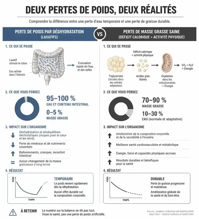 Infographie expliquant les risques des laxatifs pour la perte de poids et la différence avec une perte de masse grasse saine