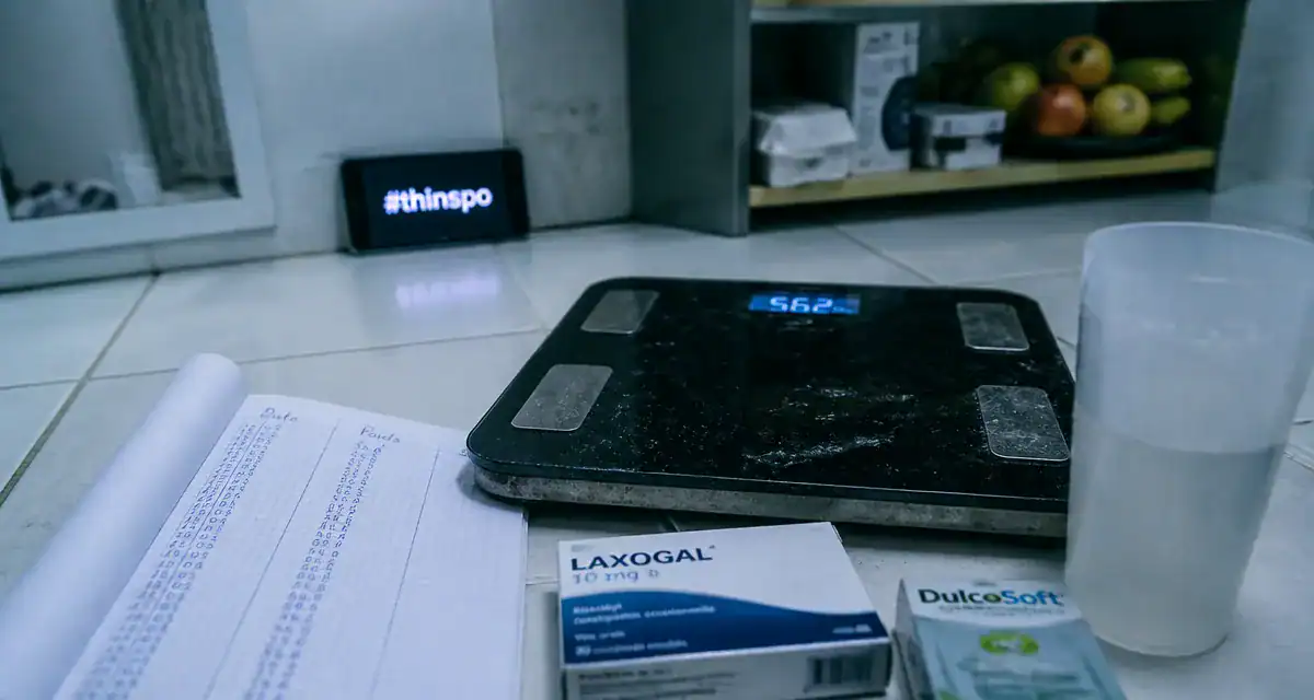 Laxatif perte de poids : illusion dangereuse, balance et médicaments en salle de bain