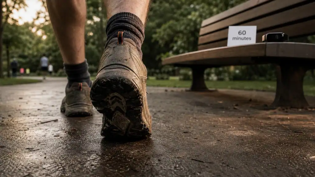 Marcher 1h par jour : chaussures de marche sur trottoir humide