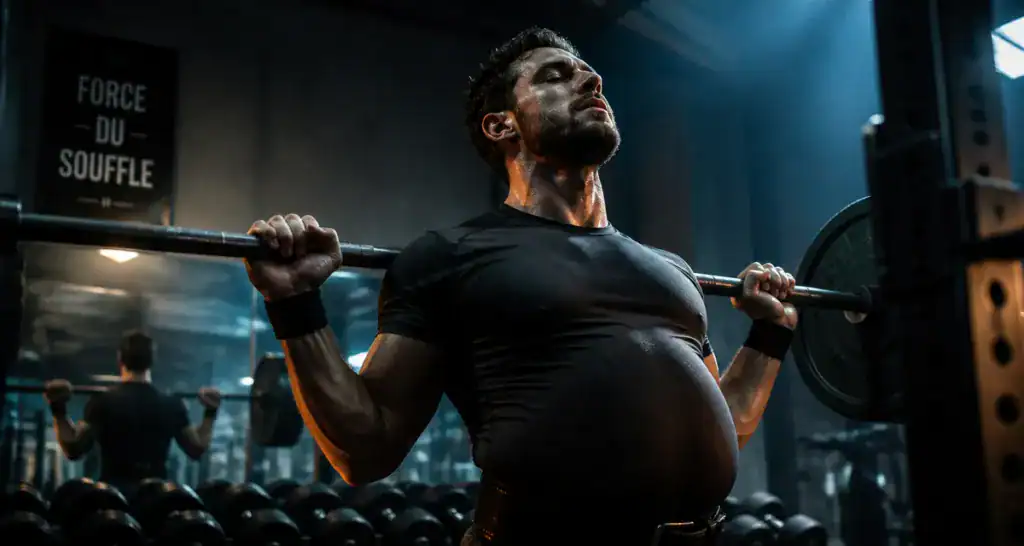 Athlète respiration musculation squat salle
