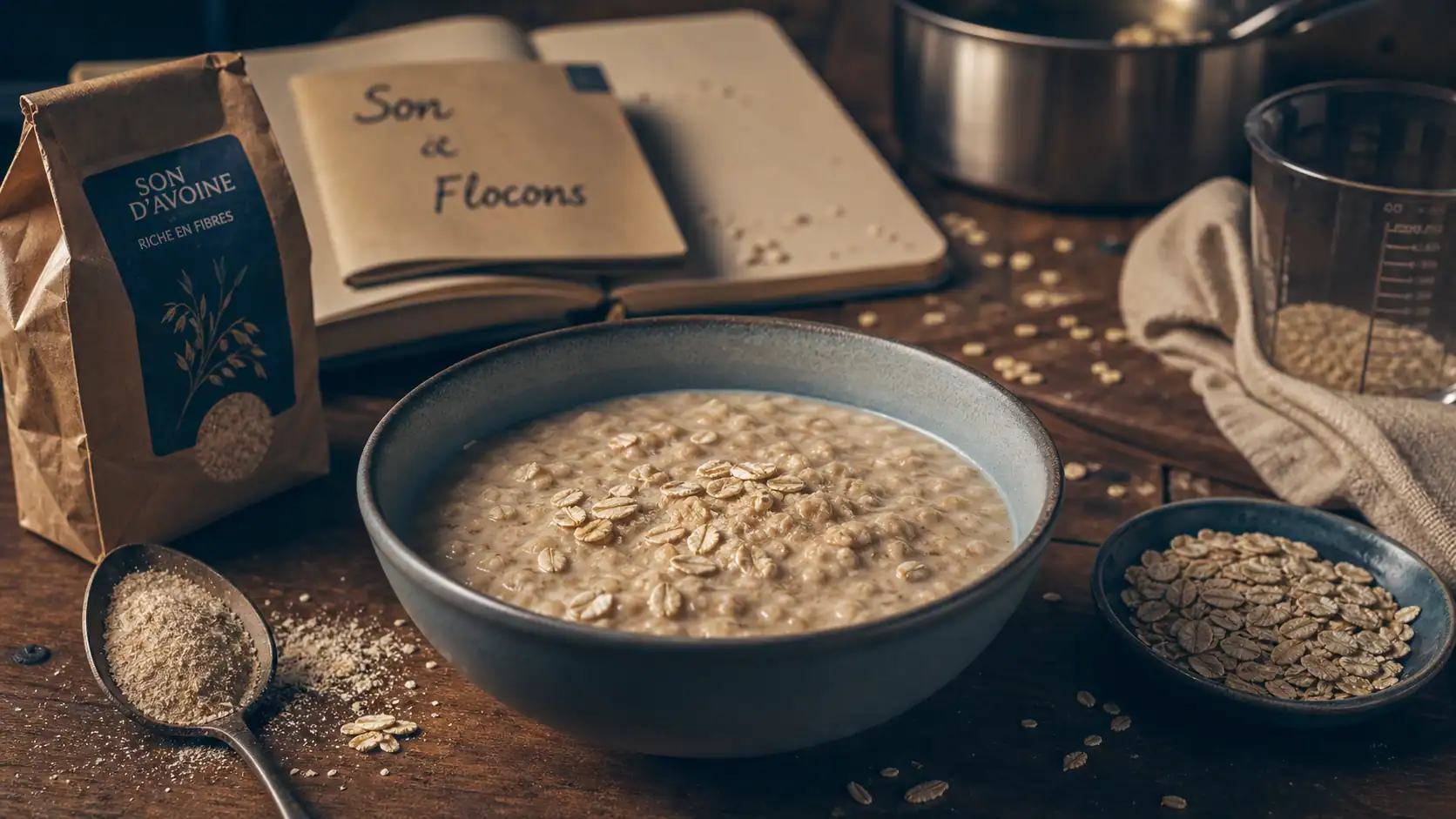 Son d avoine ou flocon d avoine : bol de porridge et flocons d’avoine
