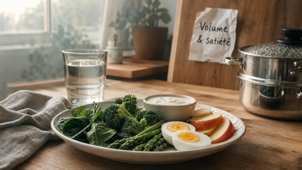 Aliment qui ne font pas grossir : assiette fibres et protéines, légumes et œuf
