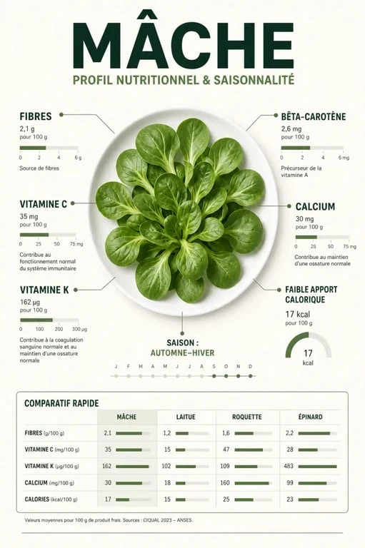 Bienfait de la mache : illustration des apports nutritionnels, vitamines et minéraux de la mâche