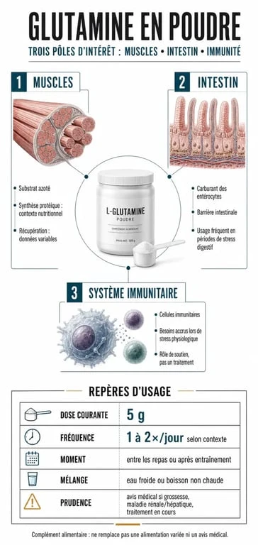 Infographie sur l glutamine en poudre : rôles dans les muscles, l’intestin et l’immunité