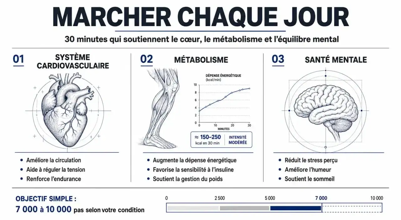 Infographie des bienfaits de marcher 5 km par jour pour la santé