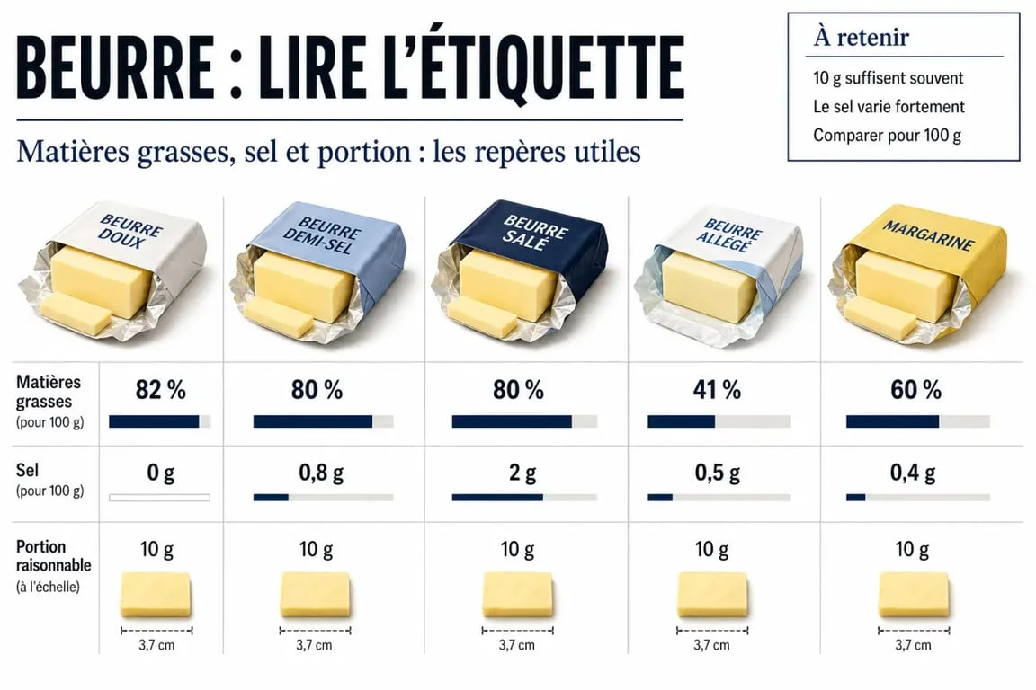 Quel beurre bon pour la sante : comparaison visuelle du beurre doux, demi-sel, allégé et de la margarine