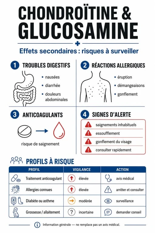 Infographie sur les effets secondaires de la chondroitine glucosamine effets secondaires, avec signes d’alerte et profils à risque