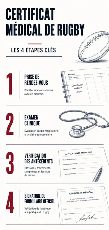 Infographie des étapes pour obtenir son certificat médical rugby