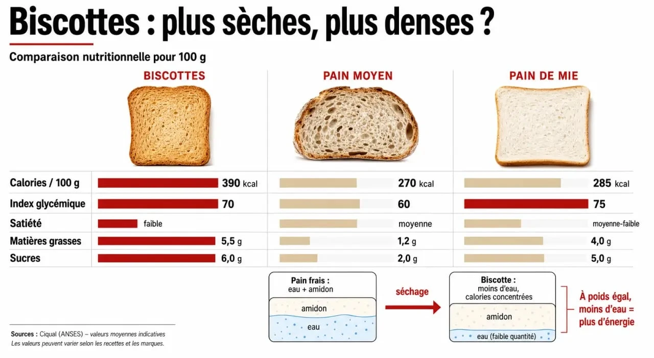Infographie sur les biscottes font elles grossir : calories, index glycémique et comparaison avec le pain