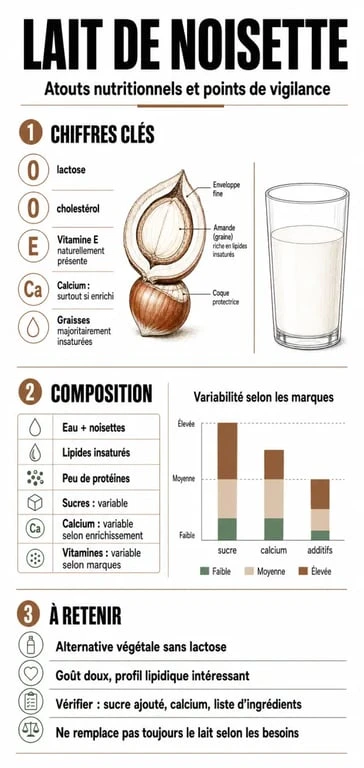 Infographie sur les bienfait du lait de noisette avec sa composition nutritionnelle et ses atouts santé