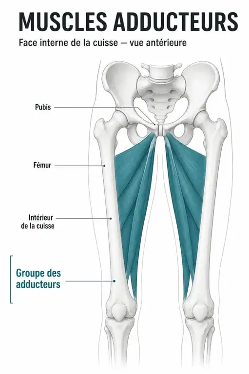 Schéma du muscle entre les jambes montrant les adducteurs à l’intérieur de la cuisse