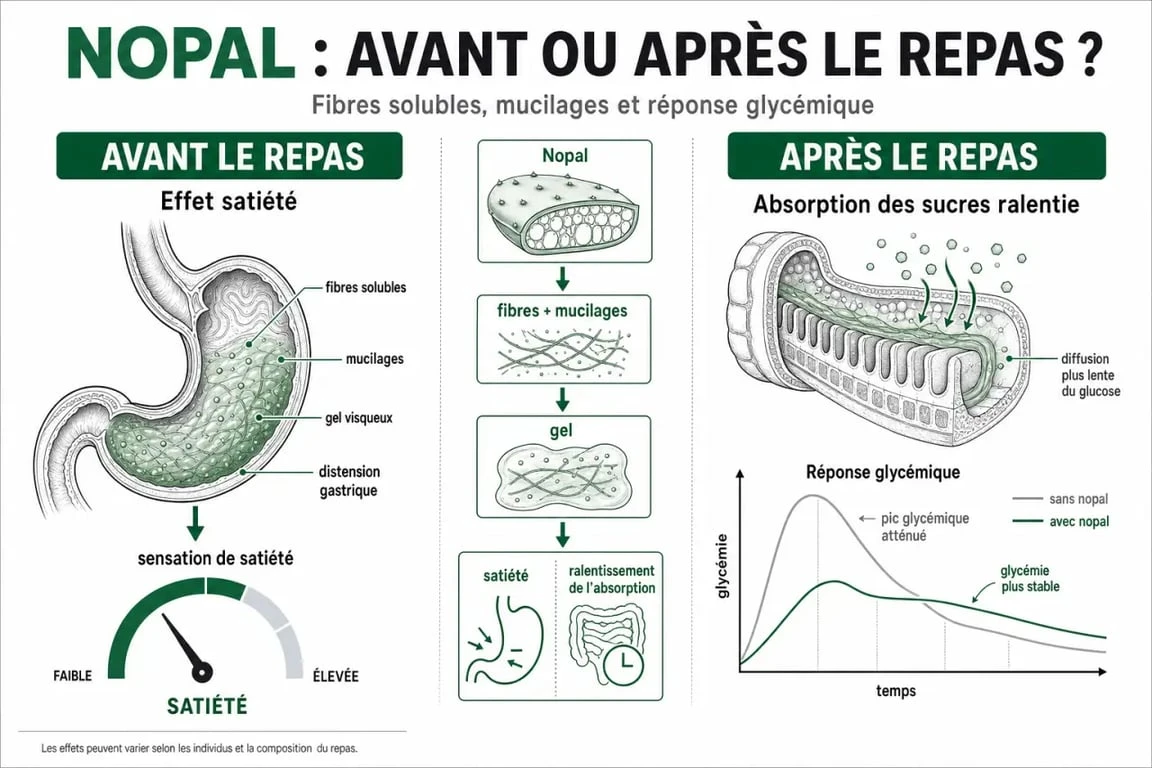 Nopal avant ou après le repas : schéma des effets sur la satiété et la glycémie