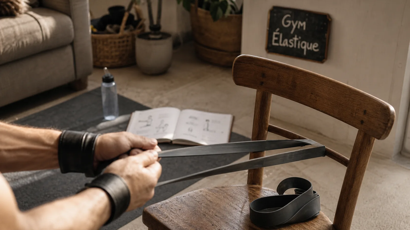 Gym avec un elastique : tirage dos sur chaise