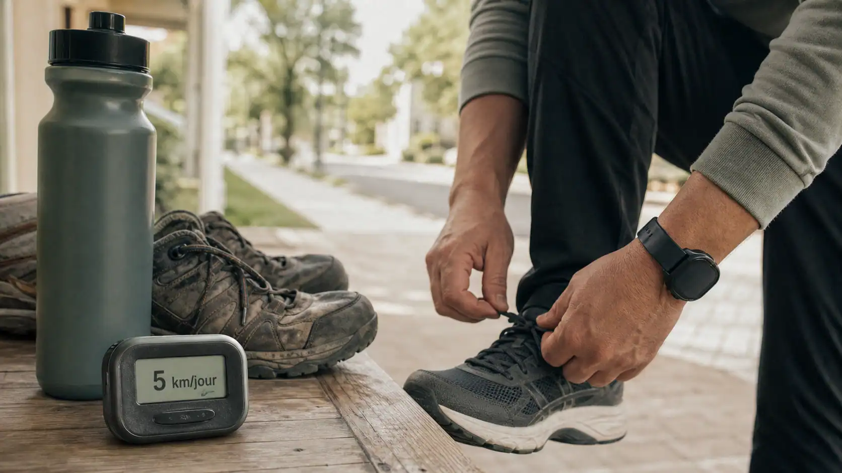 Marcher 5 km par jour : podomètre sur table, chaussures et gourde