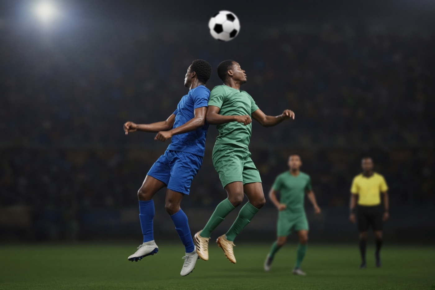 Duel a&eacute;rien entre deux joueurs lors d'un match en nocturne
