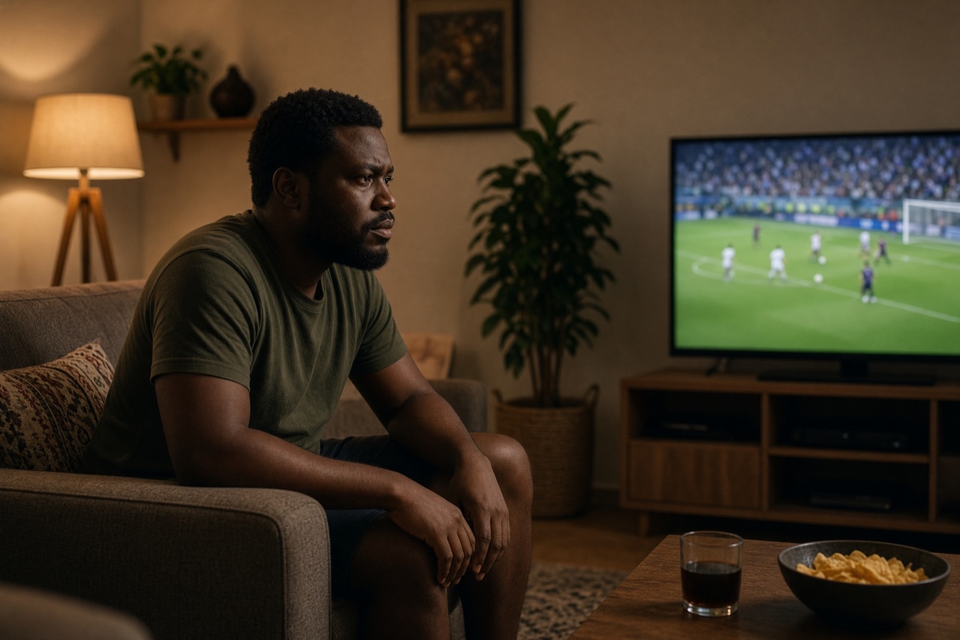 Spectateur suivant un match de football &agrave; la t&eacute;l&eacute;vision chez lui