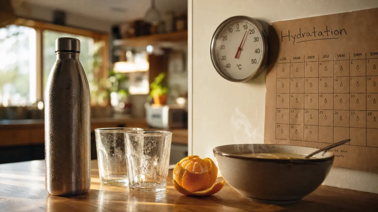 Boire 3l d eau par jour : gourde, verres d’eau et soupe