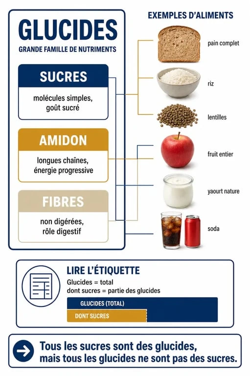 Infographie sur la différence entre glucide et sucre avec exemples d’aliments et lecture d’étiquette