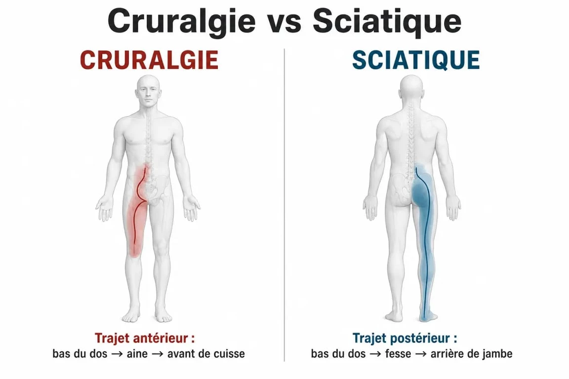 Comparaison cruralgie douleur genou et sciatique sur silhouettes médicales