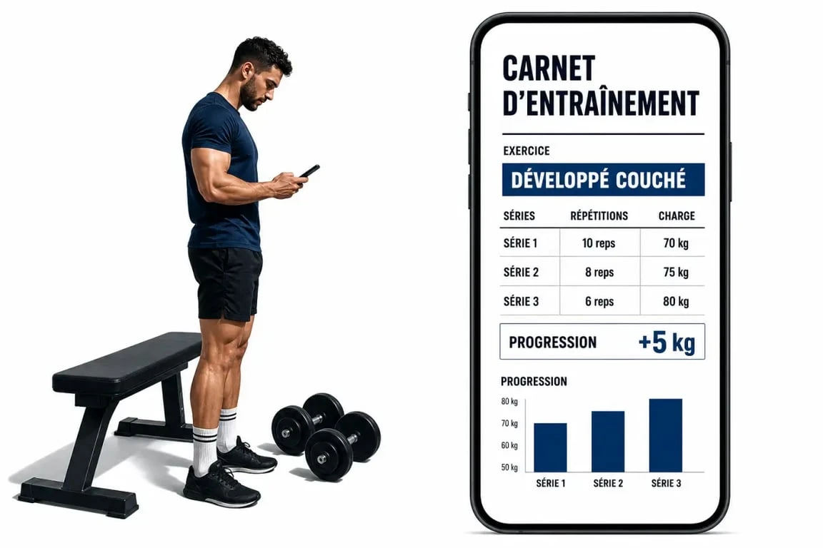 Application musculation affichée sur smartphone pendant une séance en salle, avec suivi des séries, charges et progression