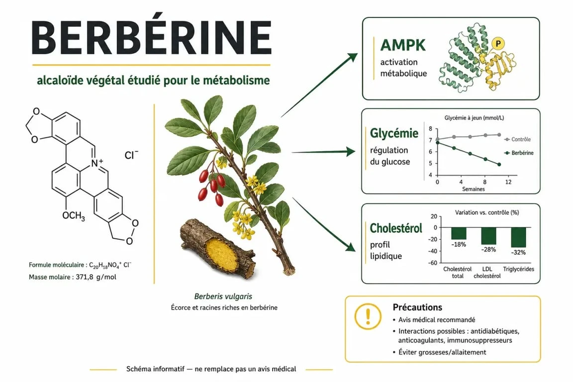Qu'est-ce que la berbérine : schéma de ses effets sur la glycémie, le cholestérol et les précautions d'emploi