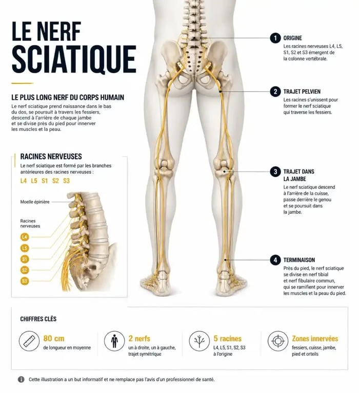 Schéma anatomique du trajet du nerf sciatique droite et gauche