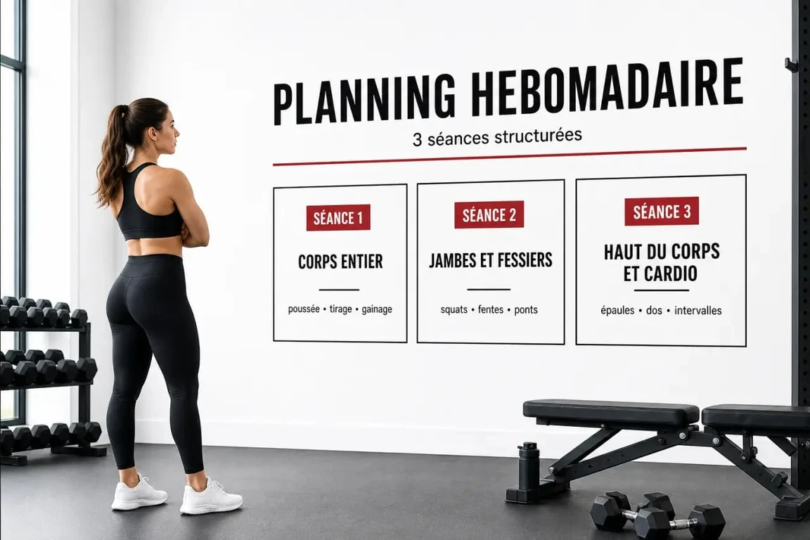 Programme de sport femme en salle avec planning hebdomadaire de 3 séances en salle