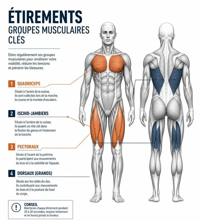 Schéma des principaux groupes musculaires pour les étirements en musculation