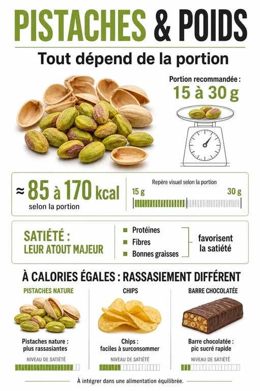 Les pistaches font elles grossir ? Infographie sur les calories, la portion de 30 g et la satiété