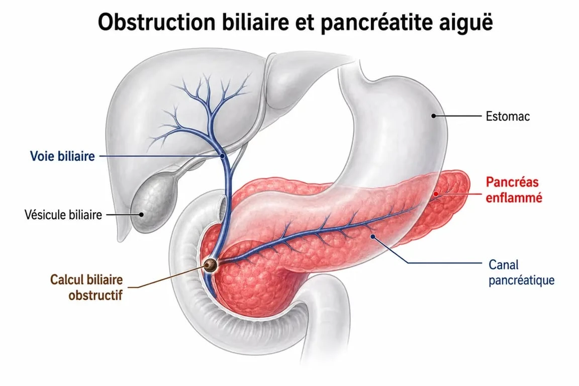 Schéma de l'inflammation pancreas montrant l’obstruction du canal biliaire et l’inflammation du pancréas
