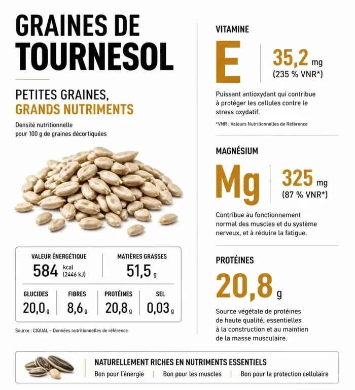 Infographie sur les bienfaits et la composition nutritionnelle des graines de tournesol
