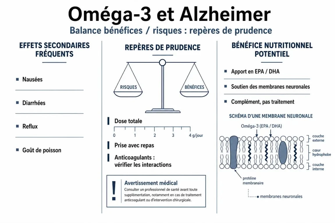 Omega 3 effets secondaires alzheimer : schéma des risques digestifs, de la fluidification sanguine et des précautions à prendre