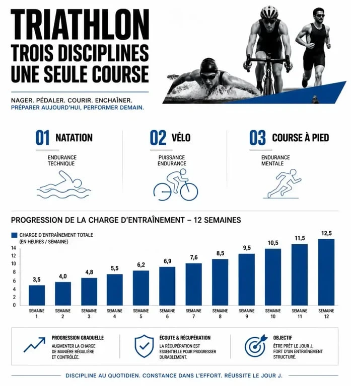 Infographie illustrant un programme d'entraînement triathlon progressif