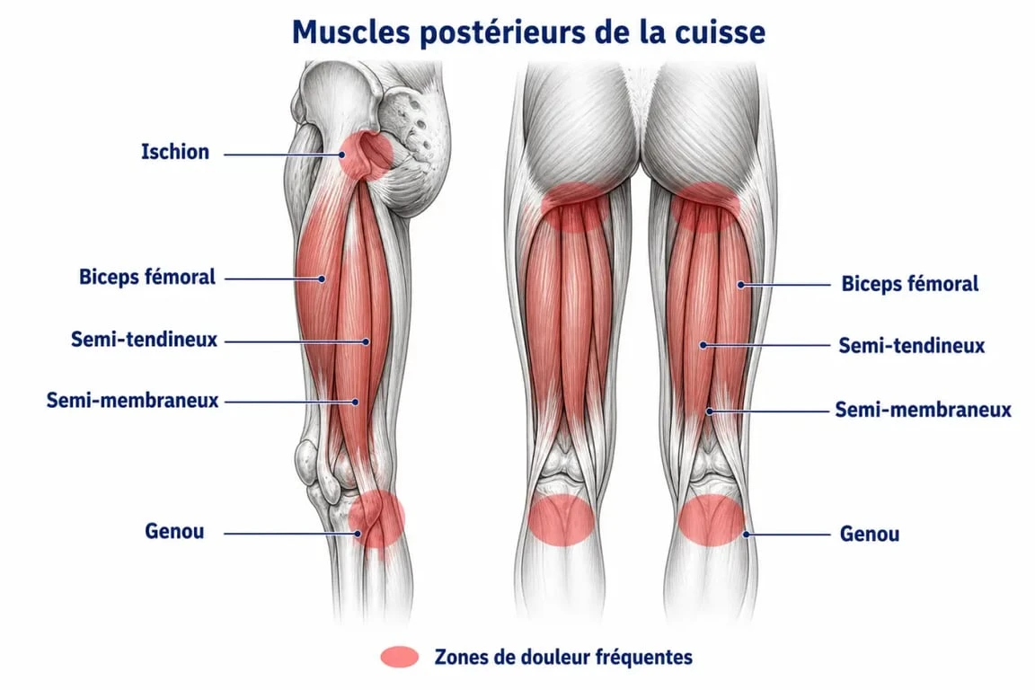 Muscles derrière la cuisse : schéma anatomique des ischio-jambiers
