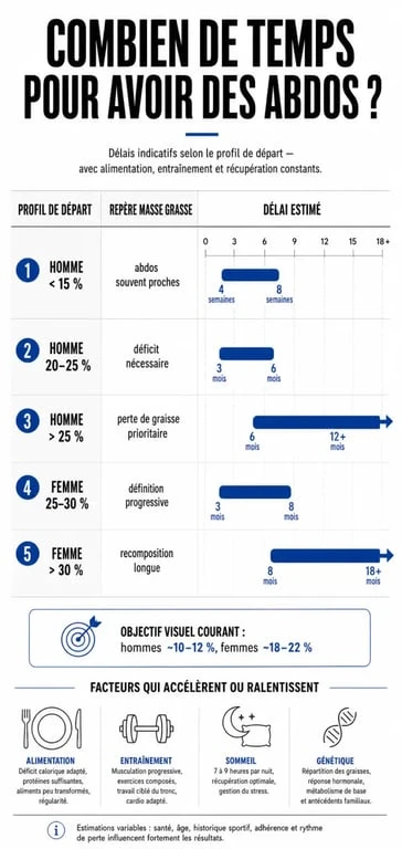Infographie sur combien de temps pour avoir des abdos selon le taux de masse grasse et le profil de départ