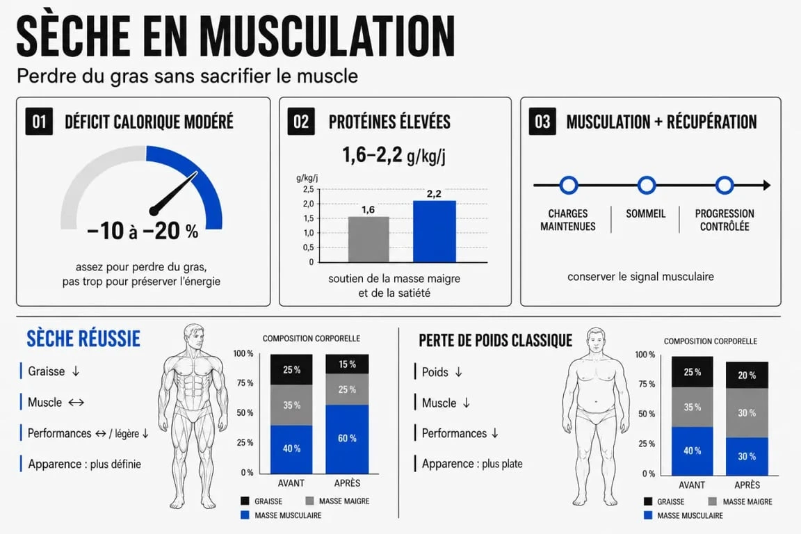 Qu est ce qu une seche en musculation : visuel explicatif sur le déficit calorique, les protéines et l’entraînement