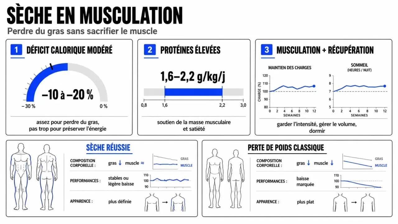 Qu est ce qu une seche en musculation : visuel explicatif sur le déficit calorique, les protéines et l’entraînement