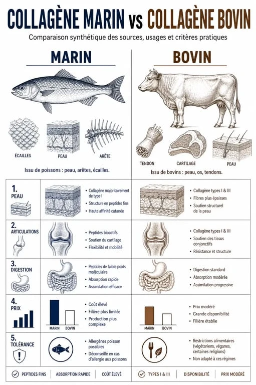 Différence collagène marin et bovin : comparaison visuelle entre origine, types et usages