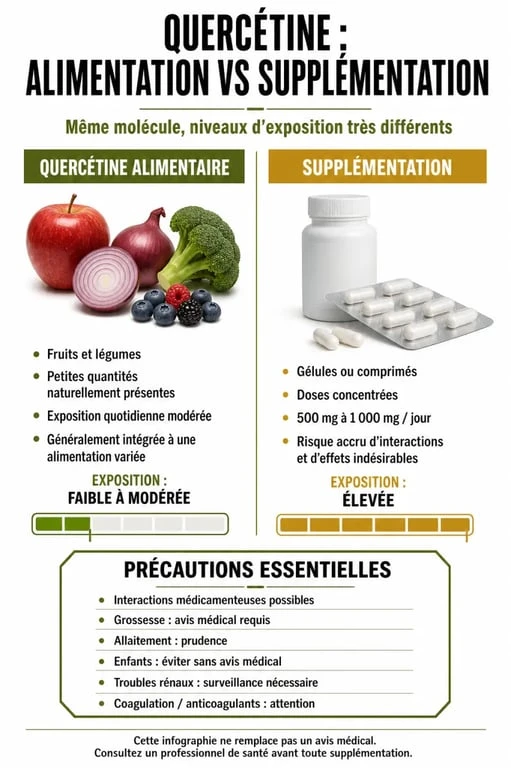Quercetin dangers : comparaison entre quercétine alimentaire et supplémentation avec précautions de sécurité