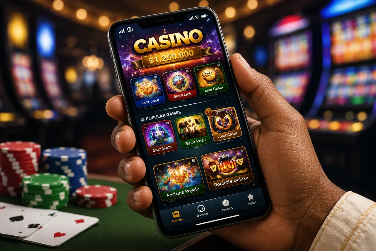 Main tenant un smartphone affichant une interface de casino mobile