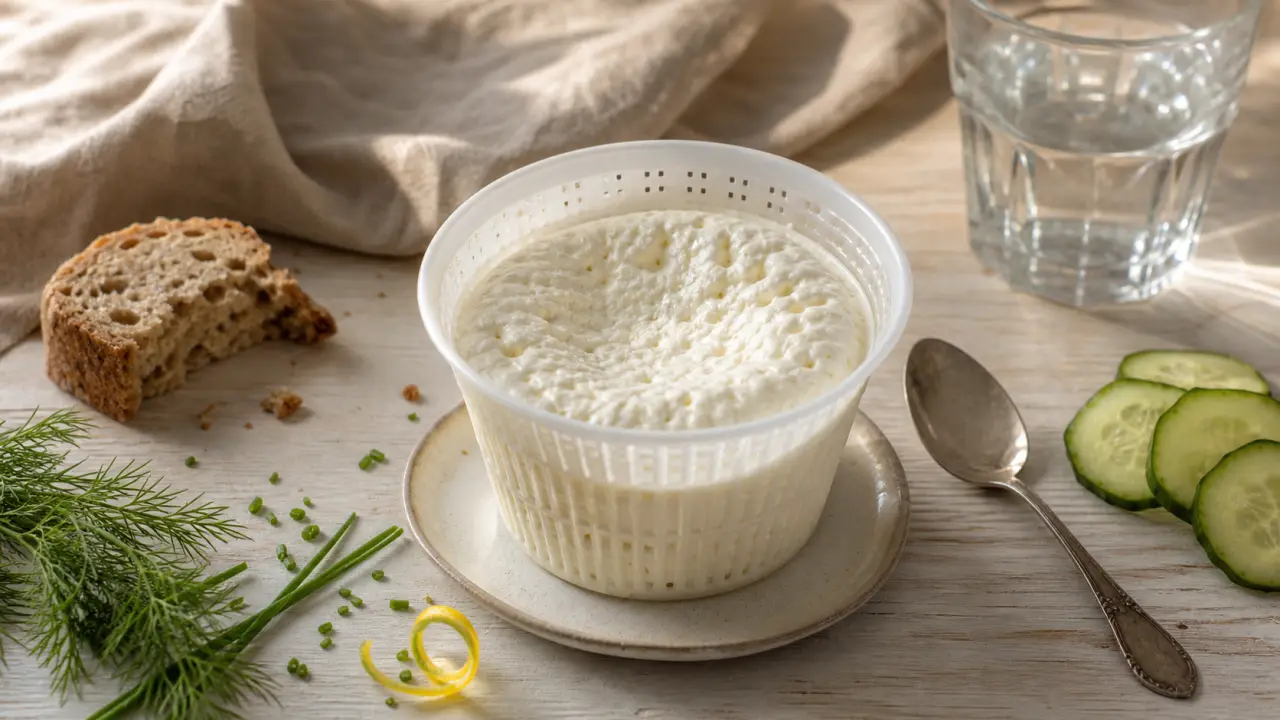 Manger de la faisselle le soir : faisselle blanche égouttée, concombre et herbes sur table en bois