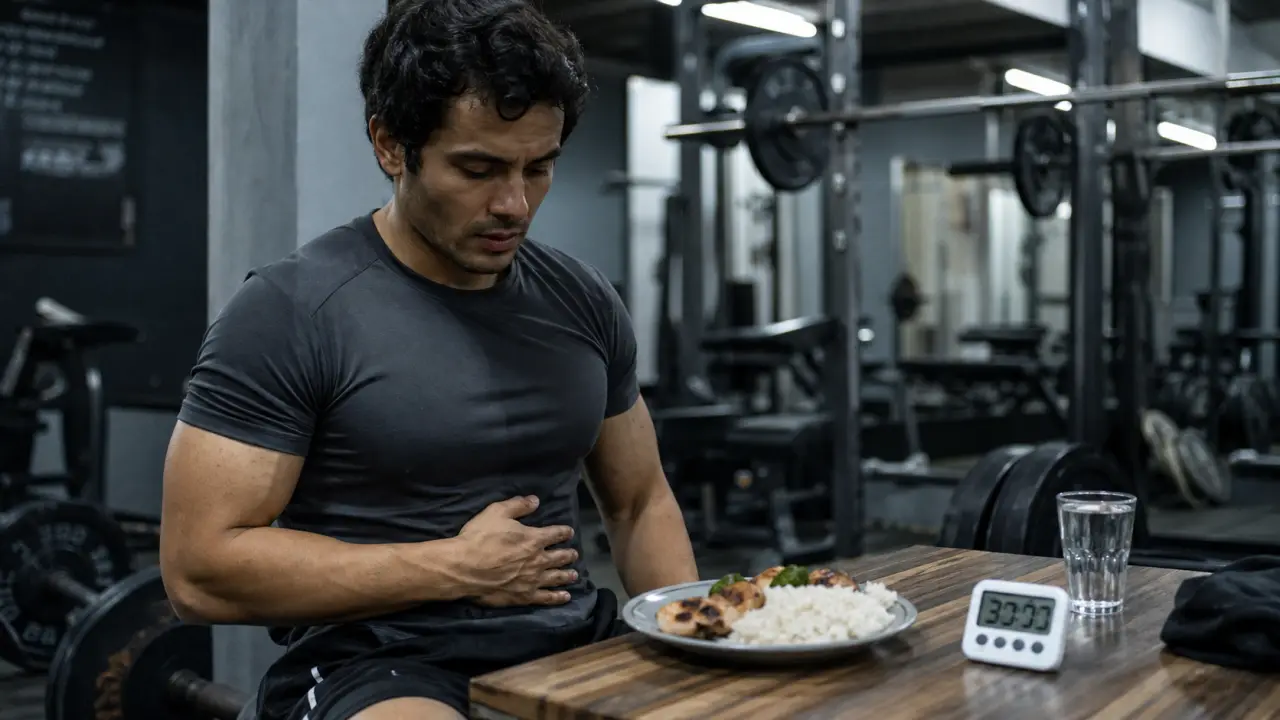 Muscu apres manger : homme gêne après repas en salle de sport, attendre 1 à 3 heures