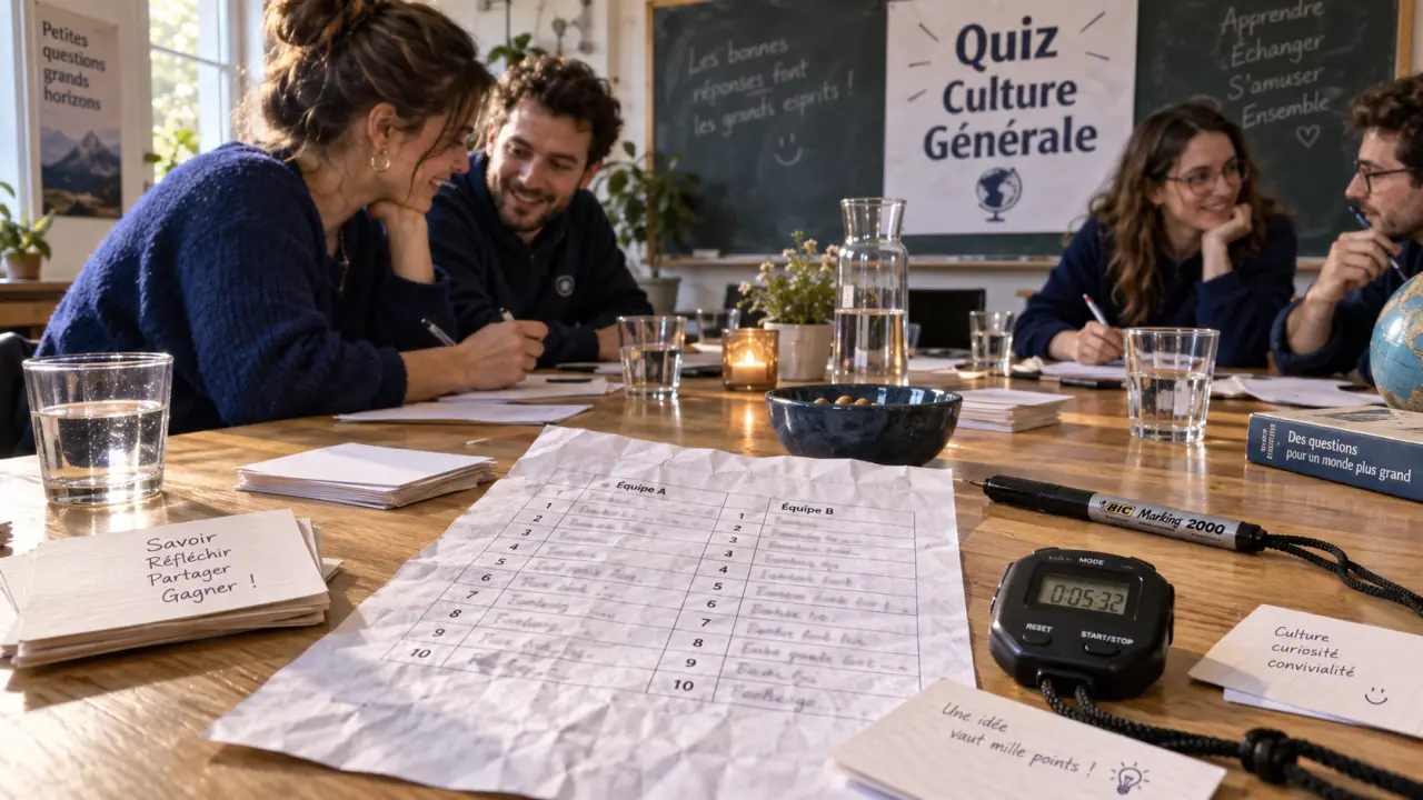 Question culture générale : quiz entre deux équipes sur table en bois