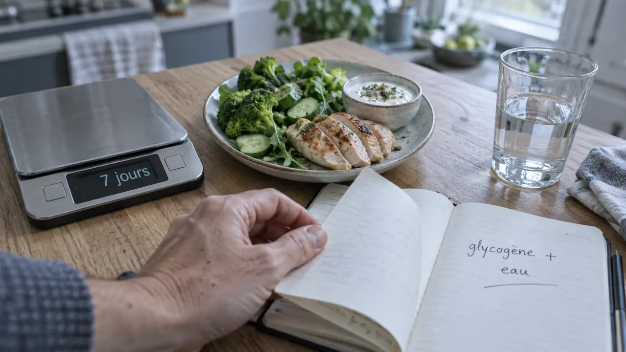 Comment perdre du poids en 1 semaine : balance 7 jours, glycogène + eau, repas léger