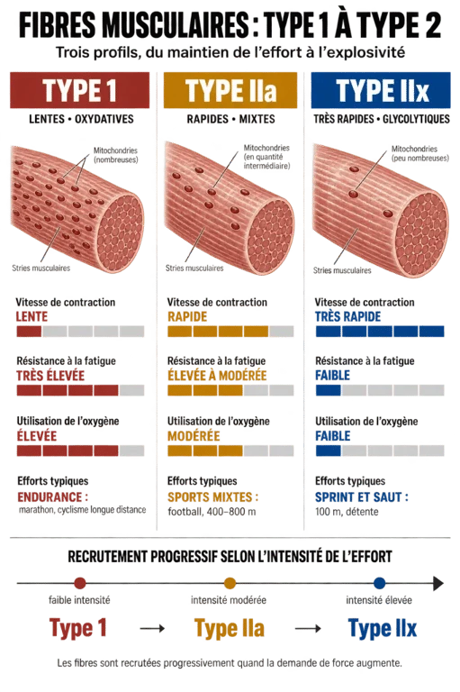 Infographie comparative des fibres musculaires type 1 et 2, avec les profils I, IIa et IIx