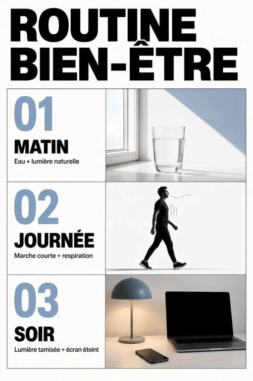 Astuce bien être : routine quotidienne en trois temps avec eau, marche, respiration et lumière tamisée