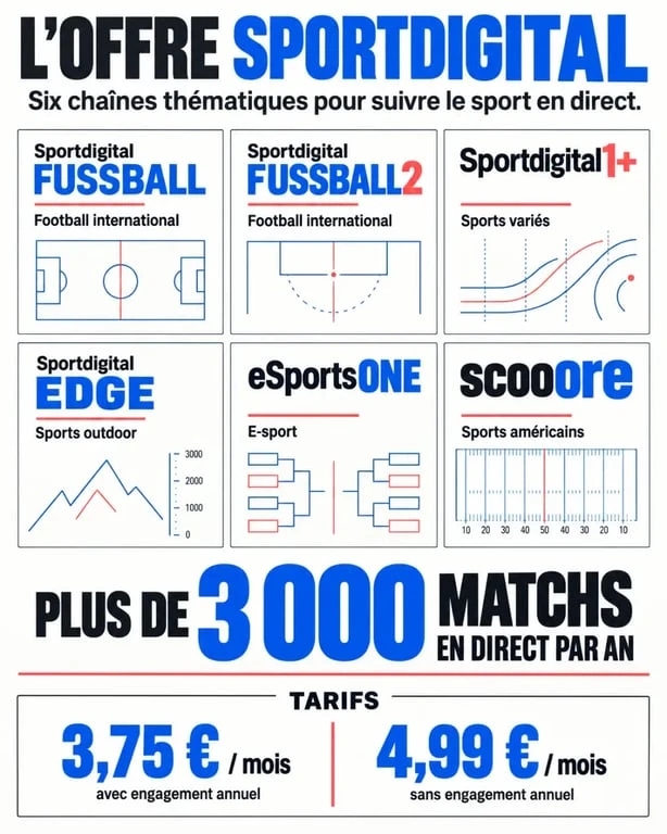 Infographie Sportdigital présentant six chaînes sportives, les disciplines et les tarifs