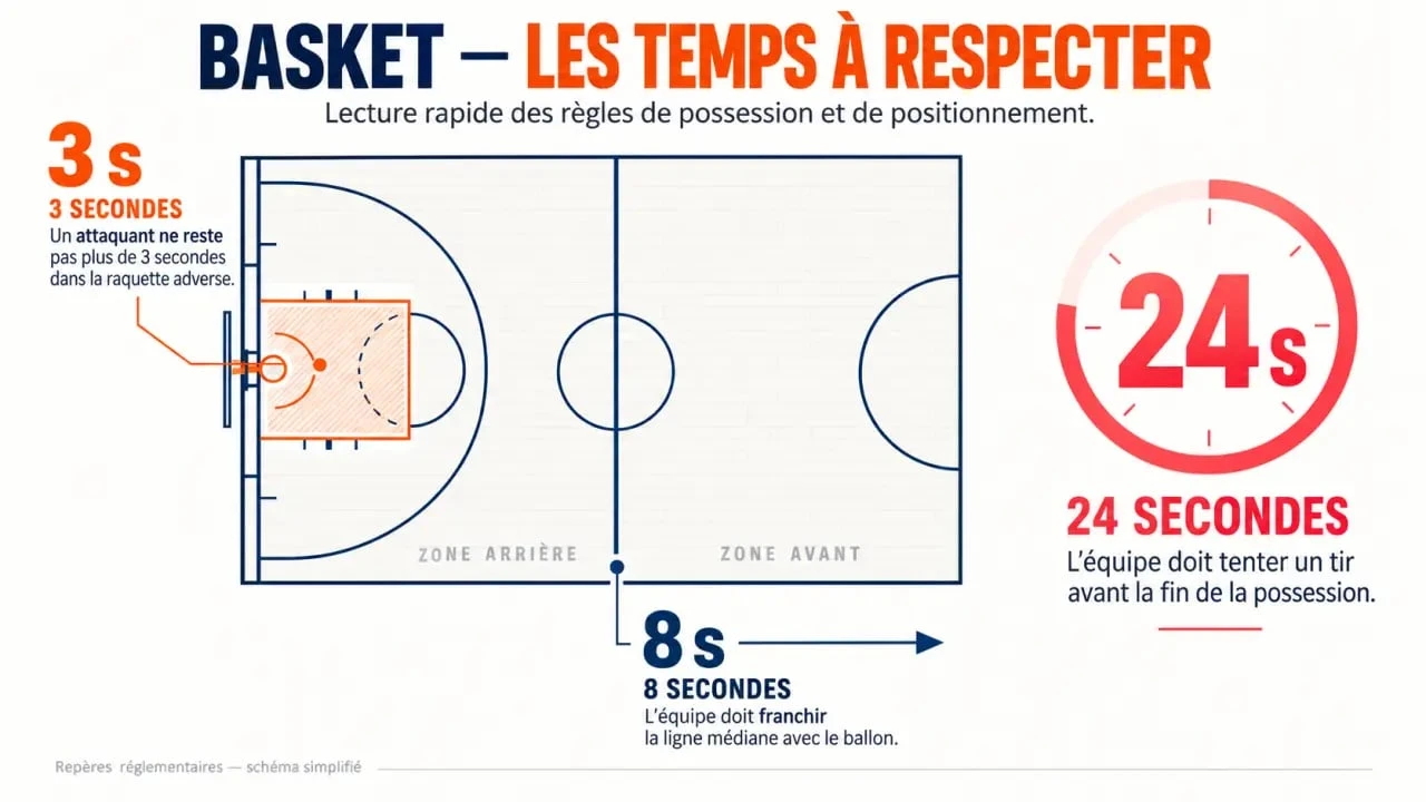 Schéma des règles du basket avec terrain, zones et temps de jeu