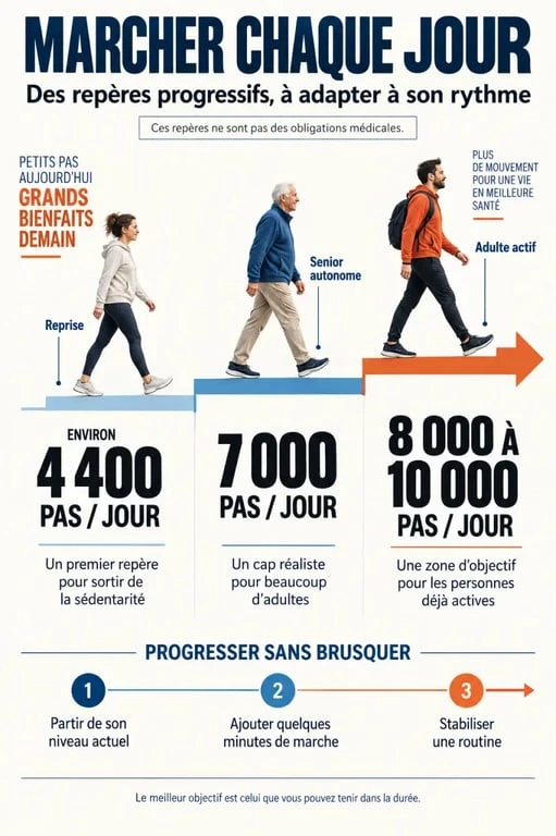 Infographie sur le moyen de pas par jour et les objectifs selon le profil
