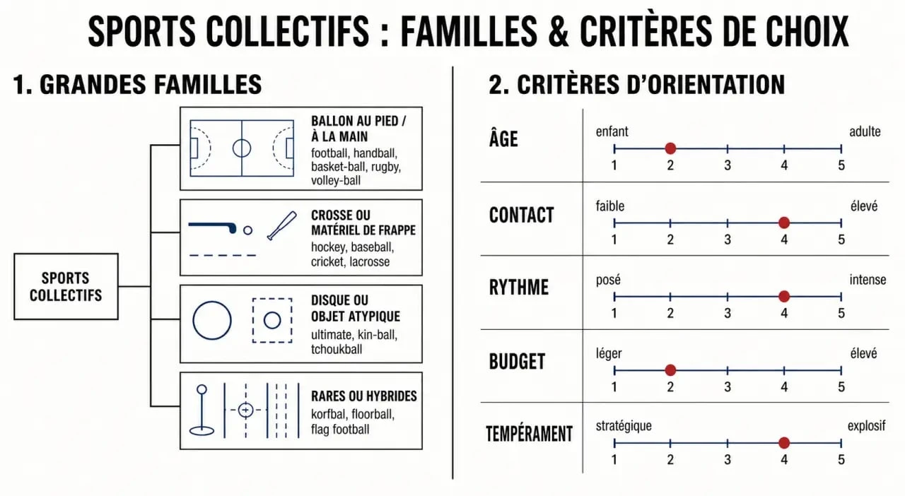Sport collectif : illustration éditoriale des familles de sports collectifs et des critères pour choisir une discipline adaptée